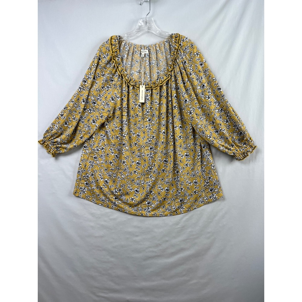 Max Studio Blouse Womens 1X Peasant Yellow Floral Ruffle Neck 3/4 Sleeve NEW